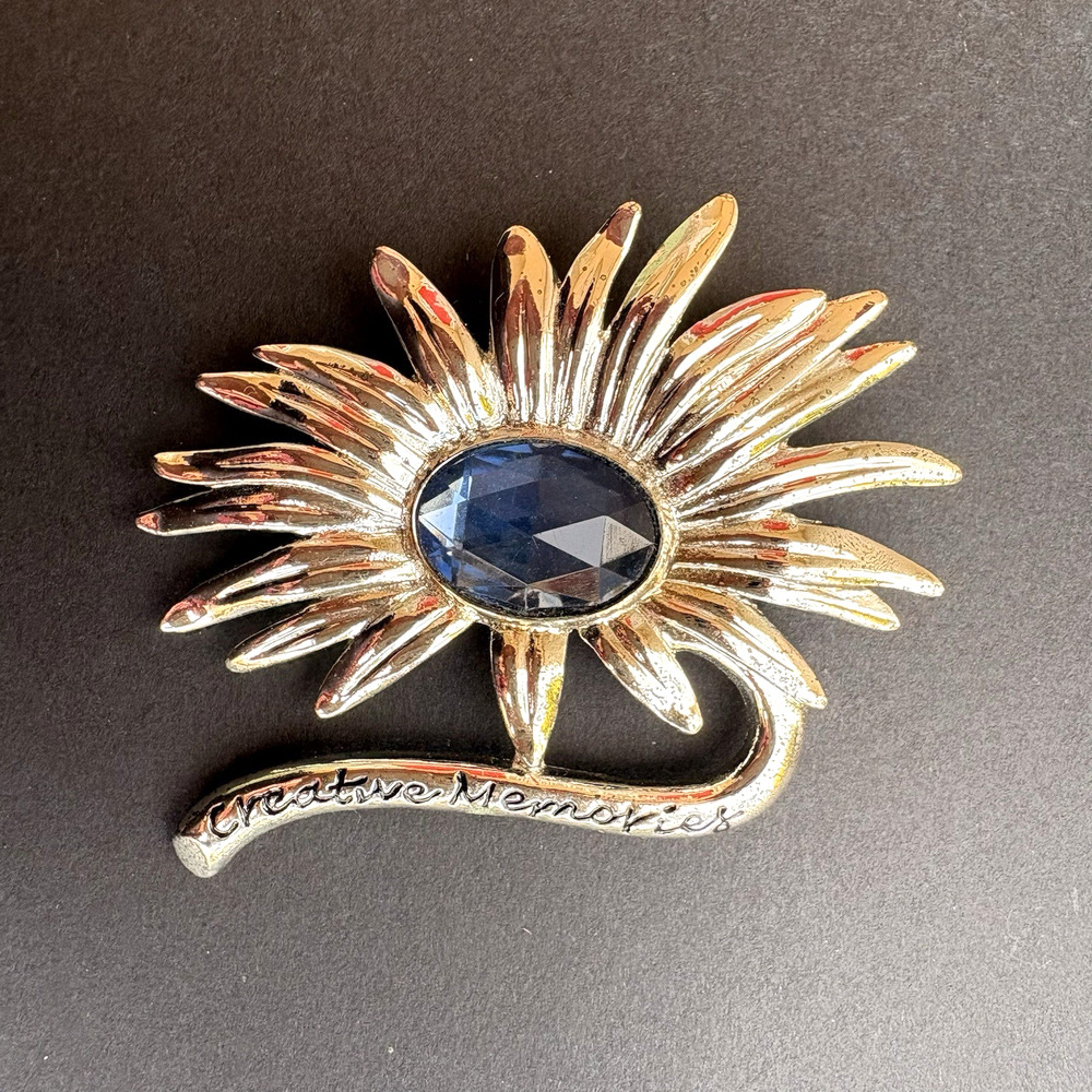 Vintage Creative Memories Sunflower Silver Tone Blue Rhinestone‎ Brooch Floral
